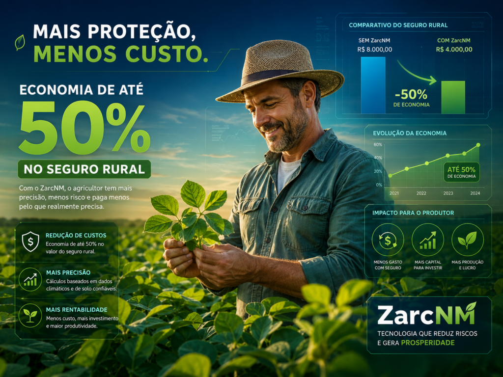 Produtor rural em lavoura de soja com indicadores de economia de até 50% no seguro rural proporcionada pelo ZarcNM.