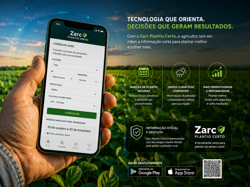 Aplicativo Zarc Plantio Certo sendo utilizado por produtor rural no campo para consultar níveis de manejo e classificação da área.